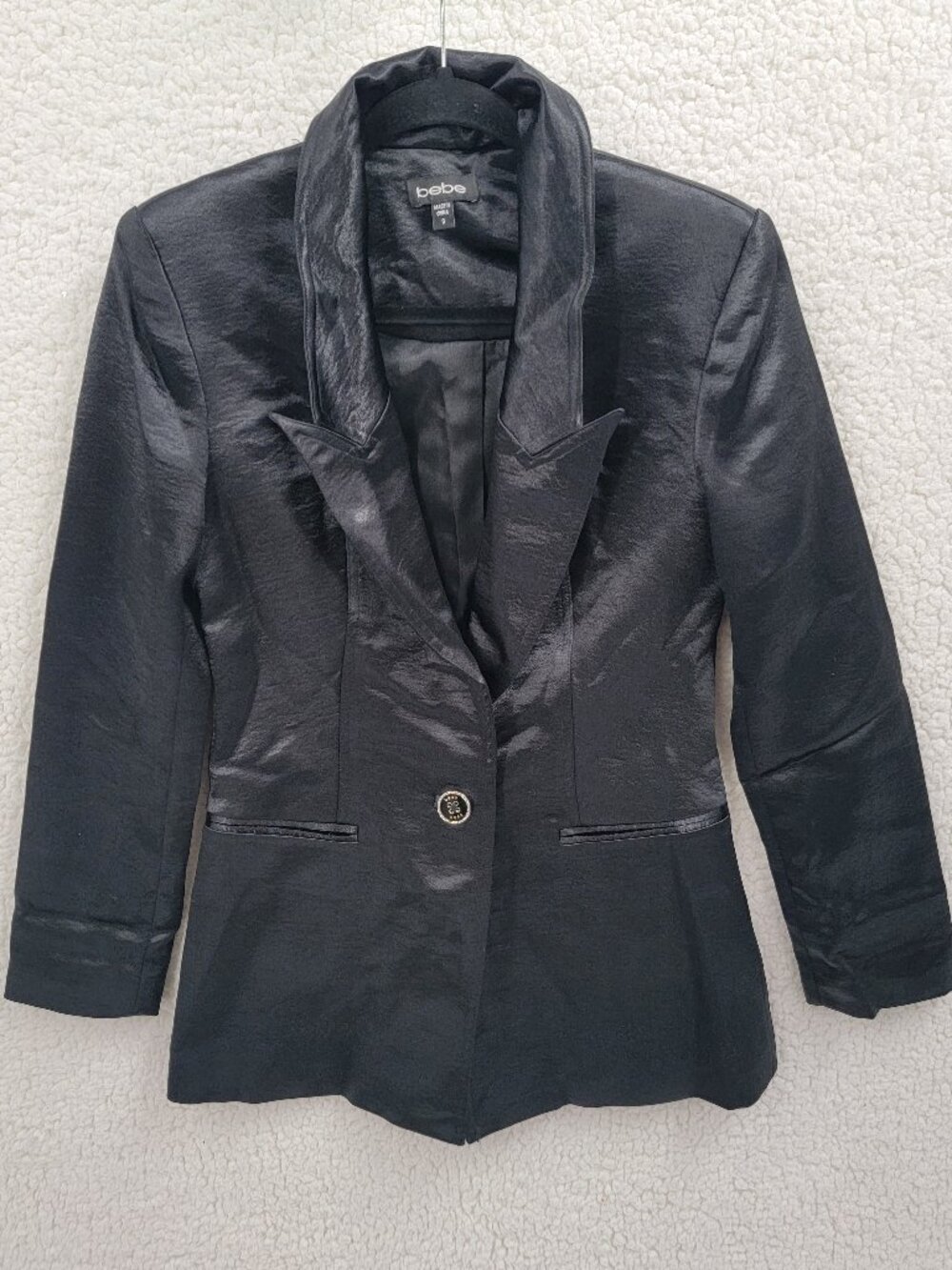 Bebe Black Shimmer Blazer Jacket Women's Size 0 Single Button Shawl Collar Tux